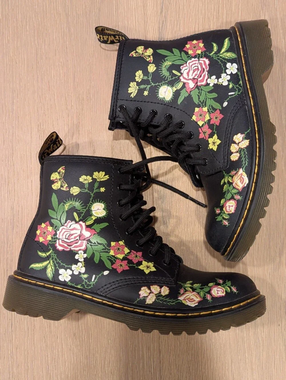 Dr. Martens Girl's Black Floral Lace-Up Combat Boots